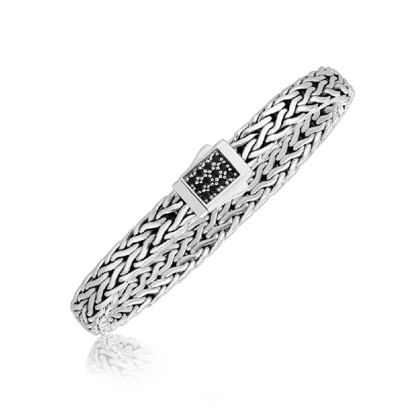 sophisticated bangle bracelets for women-Sterling Silver Braided Men's Bracelet with Black Sapphire Stones