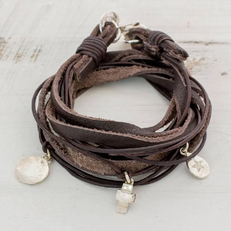 sleek chain bangles for women-Handmade Silver Leather 'Stellar Imprint' Bracelet (Guatemala) - Brown