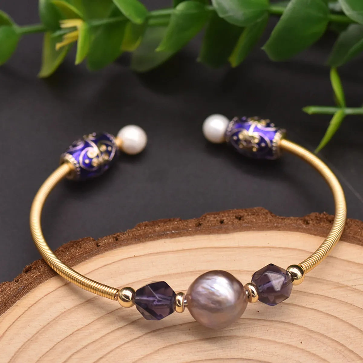 classic gold bangles for women-Retro Solid Color Crystal Freshwater Pearl Plating Cuff Bracelets