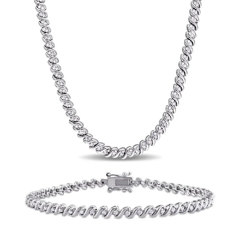 adjustable charm bangles for women-Miadora Sterling Silver 1 1/2ct TDW Diamond S-Link Tennis Necklace and Bracelet Set