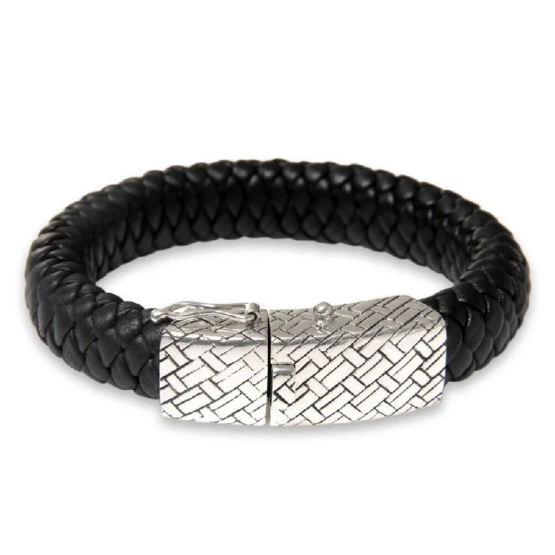 colorful leather bangles for women-Handmade Sterling Silver Men's Emperor Leather Bracelet(Indonesia)