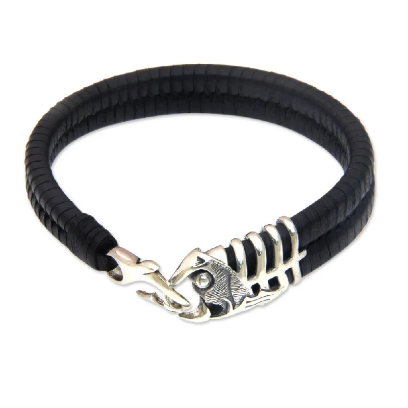 boho bracelets for women-Handmade Men's Leather Sterling Silver 'Gone Fishing' Bracelet (Indonesia)