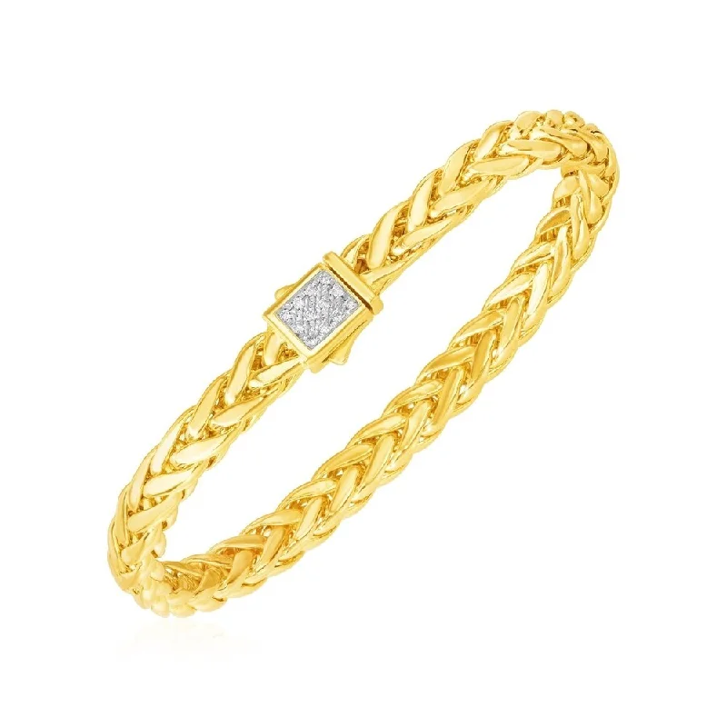 luxury chain bangles for women-Polished Woven Rope Bracelet with Diamond Accented Clasp in 14k Yellow Gold