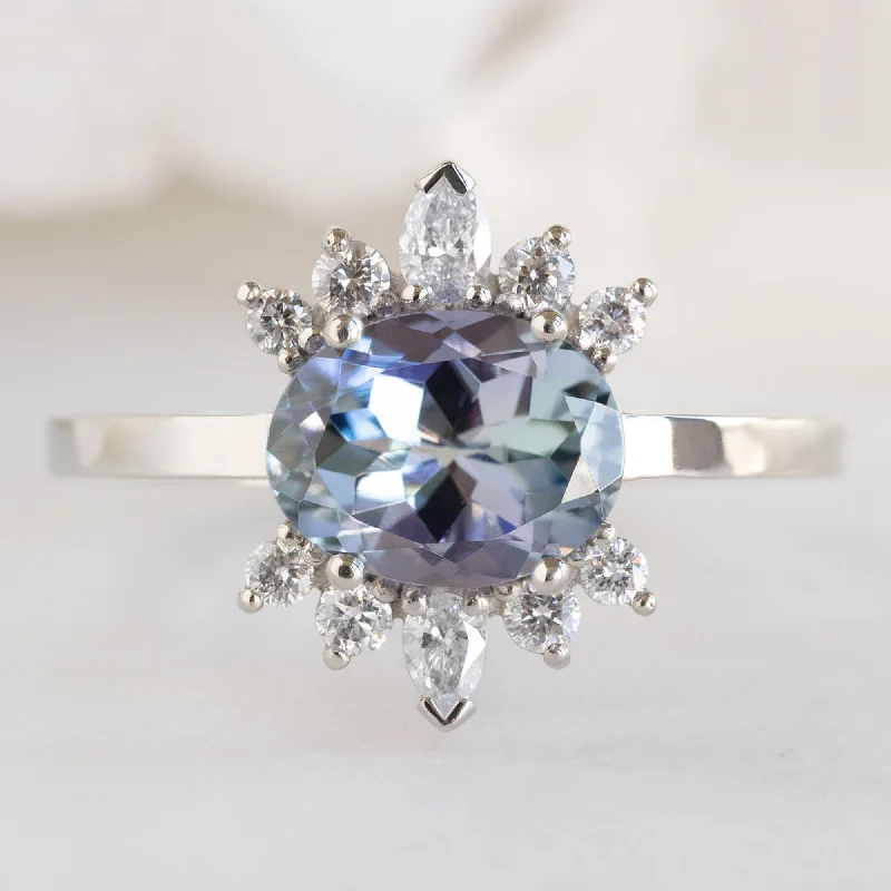 radiant cut engagement rings for women-The Lotus Ring | 1.45ct Oval Tanzanite in 14K White Gold